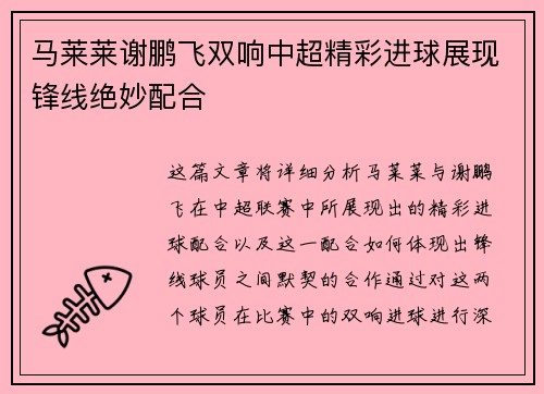 马莱莱谢鹏飞双响中超精彩进球展现锋线绝妙配合